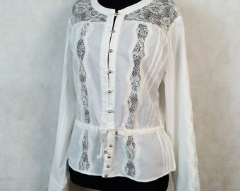 Vintage 70s White Cotton Lace Trim Long Sleeve Romantic Blouse Size M