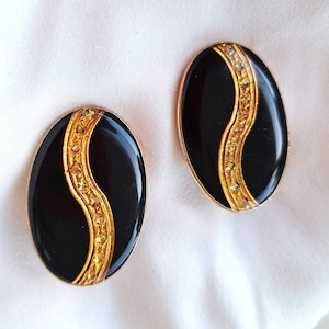 80s Vintage Gold Tone Black Enamel Clear Crystal  Oval Clip On Earrings