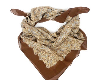 Vintage Renard Silk Scarf,  Brown Beige Floral Printed Scarf, Renard Large Square Scarf, Hand Rolled Edges Foulard