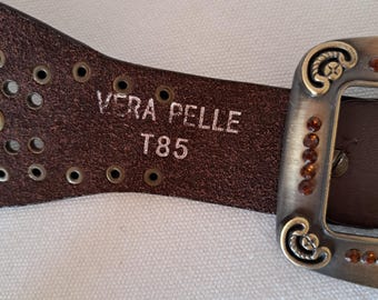 Vintage Vera Pelle Brown Leather Belt: Wide Studded  display picture 1