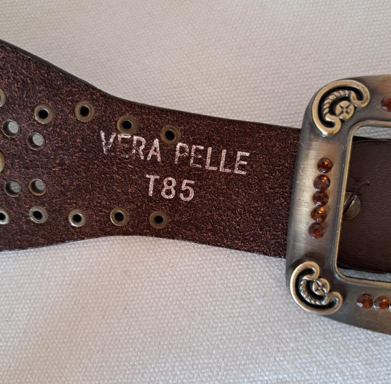 Vintage Vera Pelle Brown Leather Belt: Wide Studded  display picture 1