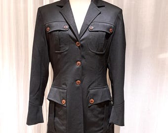 Vintage Plein Sud Wool Trenchcoat: 90s Black Military Jacket (Size 40 FR)