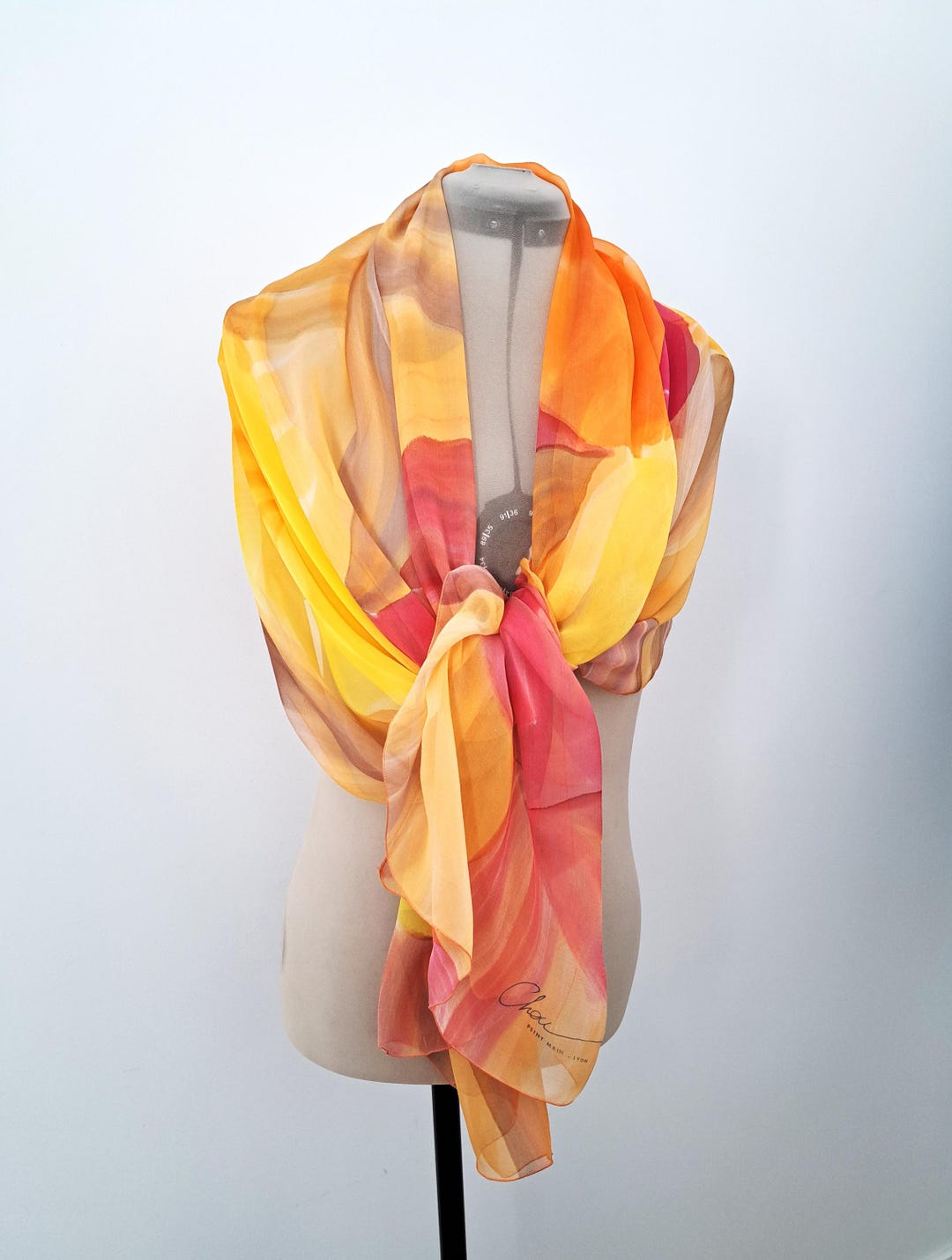 Vintage French Silk Scarf: Hand-painted Floral Chiffon, Chou Lyon