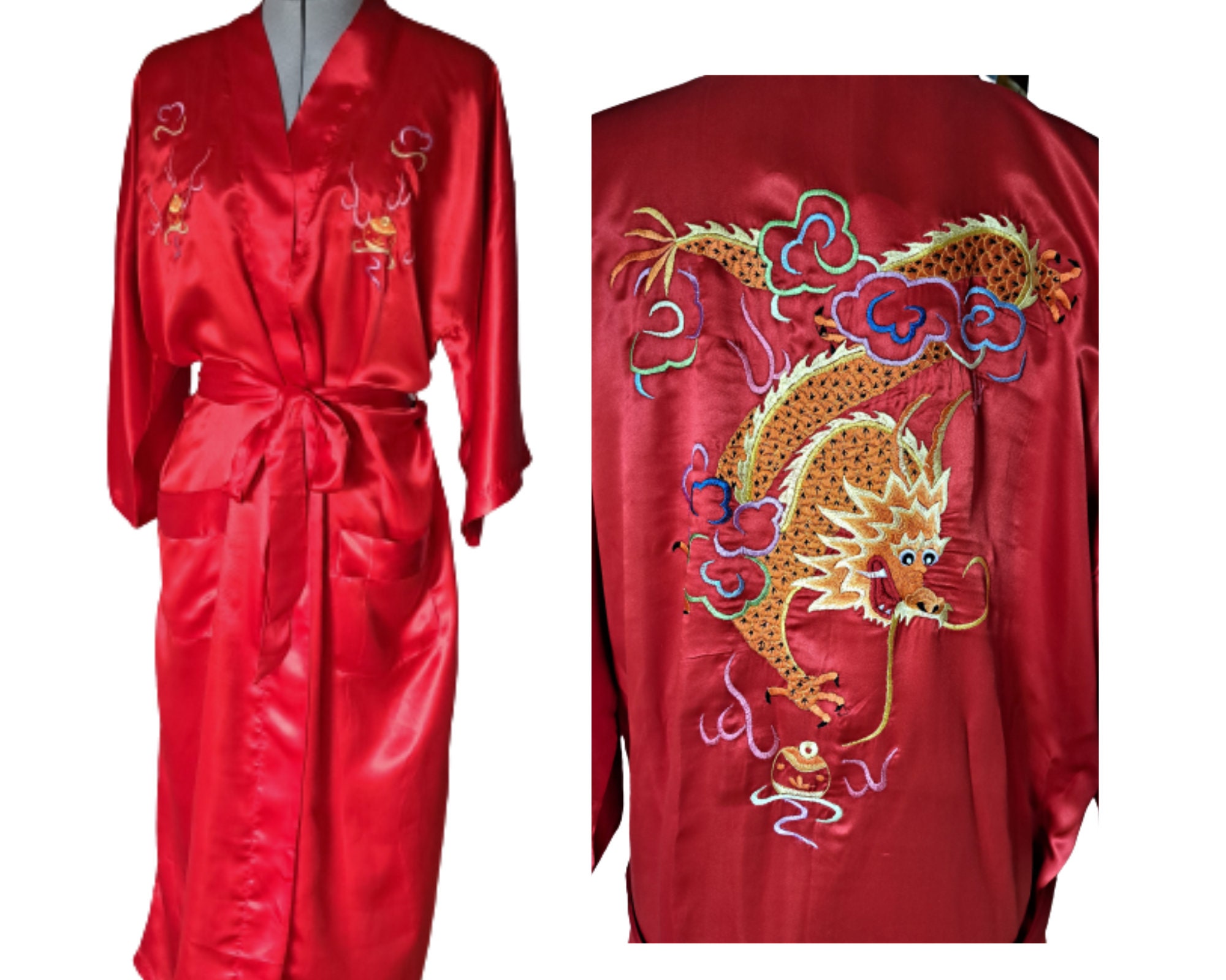 Vintage Brocade Silky Plum Cranberry Satin Metallic Gold Dragon Robe Asian Duster Jacket Kleding Gender-neutrale kleding volwassenen Pyjamas & Badjassen Jurken 