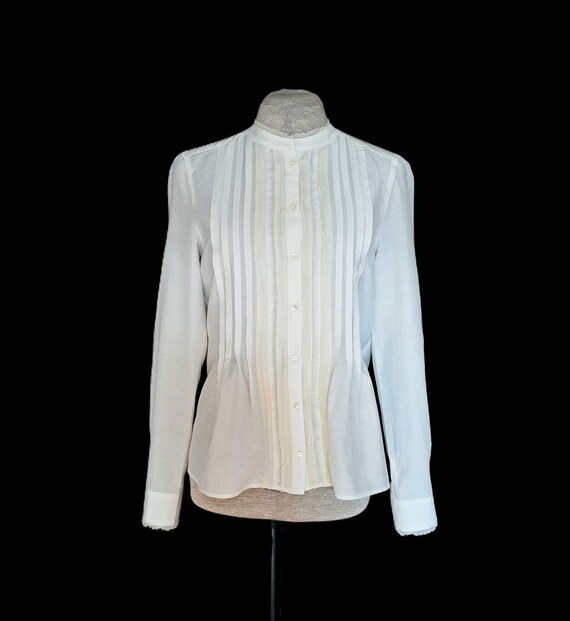 Vintage Marc Cain Sports White Creamy Cotton/Silk Shirt Pintuck Fine Ruffle, M