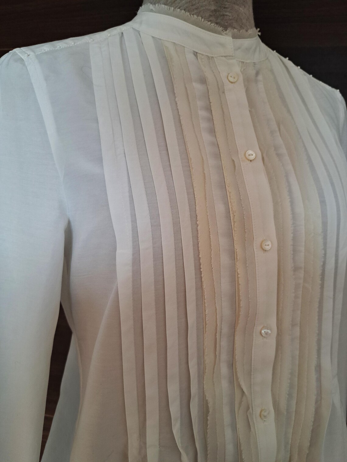 Vintage Marc Cain Sports White Creamy Cotton/Silk Shirt Pintuck Fine Ruffle, M, photo 2 of 5