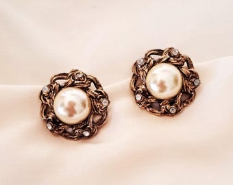 Vintage 70er Jahre große Ohrhänger mit Kunstperle und Strass, Statement Ohrclips