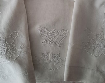 Antique French Linen Sheet Rich Embroidery Monogram BC Flat Sheet Vintage Bedlinen