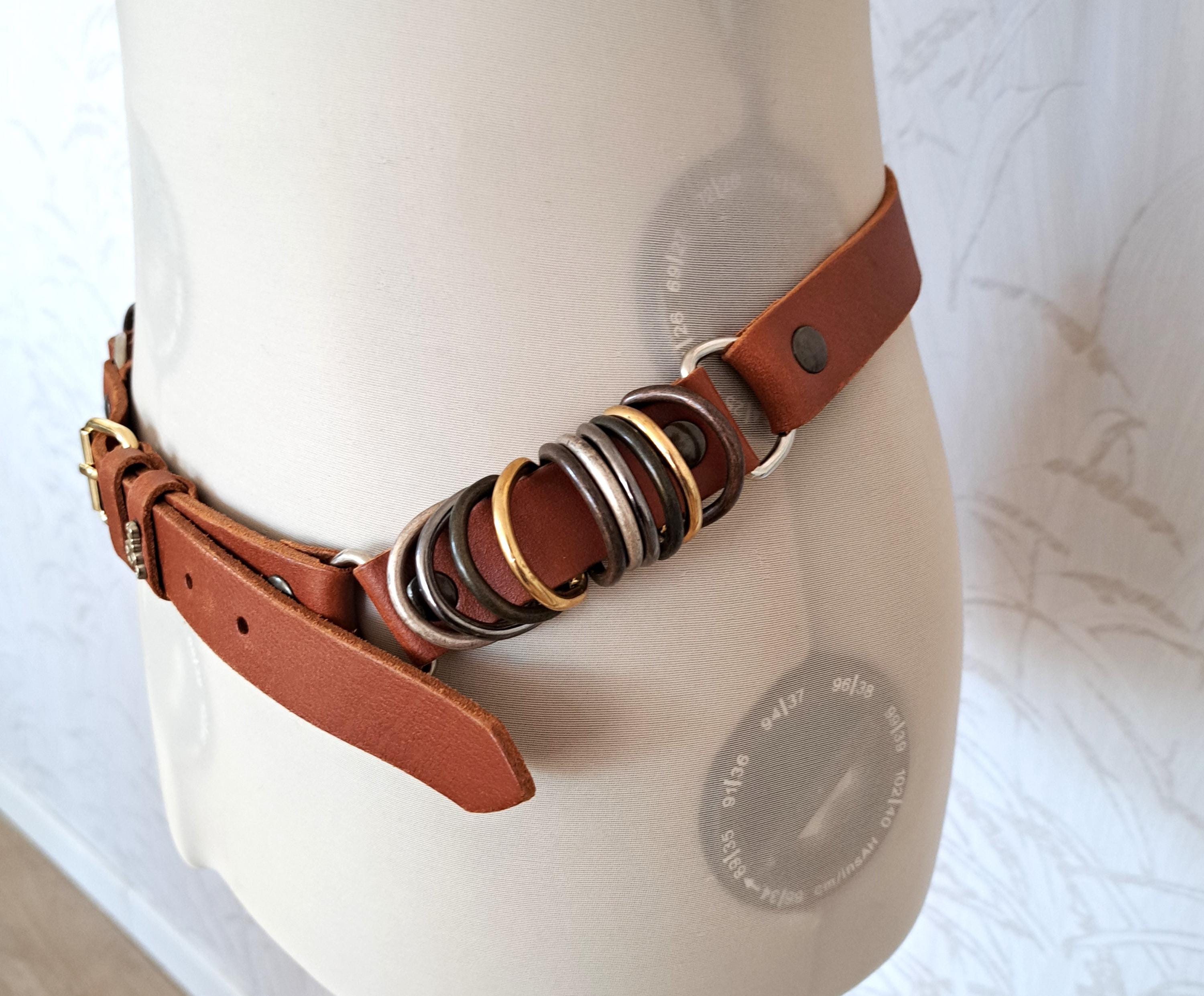 Brown Leather Belt With Metal Ring Accents - 80 to 90 Cm 