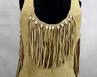 Vintage 70s Suede Vest Western Fringed and Beads Beige Boho Festival Rocker Leather Top Size S