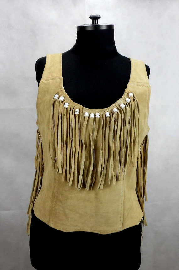 Vintage 70s Suede Vest Western Fringed and Beads … - image 1