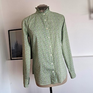 Women Shirt Made With Liberty Art Fabric from The Perfect Shirt , Green Pink Floral Design, Ruffle Details Long Sleeve Button Up, Size 2