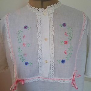 Vintage 60s Nightgown with Multicolor Hand Embroidery, White Fine Cotton Night Dress, Short Sleeve Lace Trim Nightdress