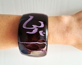 Vintage  Carved Bakelite Bracelet, Wide Bracelet Brown Purple, Retro Women's Chunky Plastic Bangle