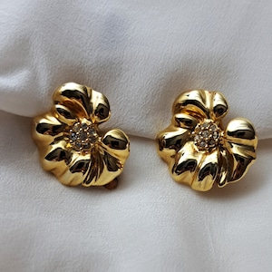 Vintage 80s Gold Tone Floral Large Earrings with Rhinestones Clip-On Earrings