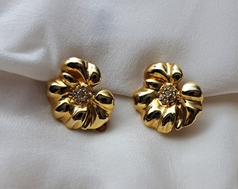 Vintage 80s Gold Tone Floral Large Earrings with Rhinestones Clip-On Earrings