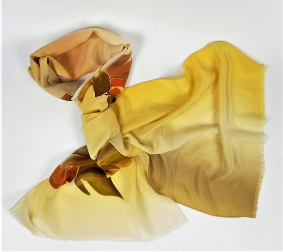 Vintage Silk Scarf, Pale Yellow Beige Abstract Mo… - image 1