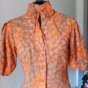 Adolfo Dominguez Women&#39;s Blouse, High Ruffle Collar Top, Orange Gray Floral Top, Ruffled Sleeves Shirt, Cotton Fitted Blouse