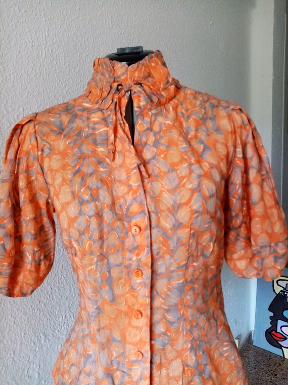 Blusa de mujer Adolfo Dominguez top con cuello alto con volantes top floral naranja y gris camisa con mangas con volantes blusa ajustada de algodon Etsy Mexico