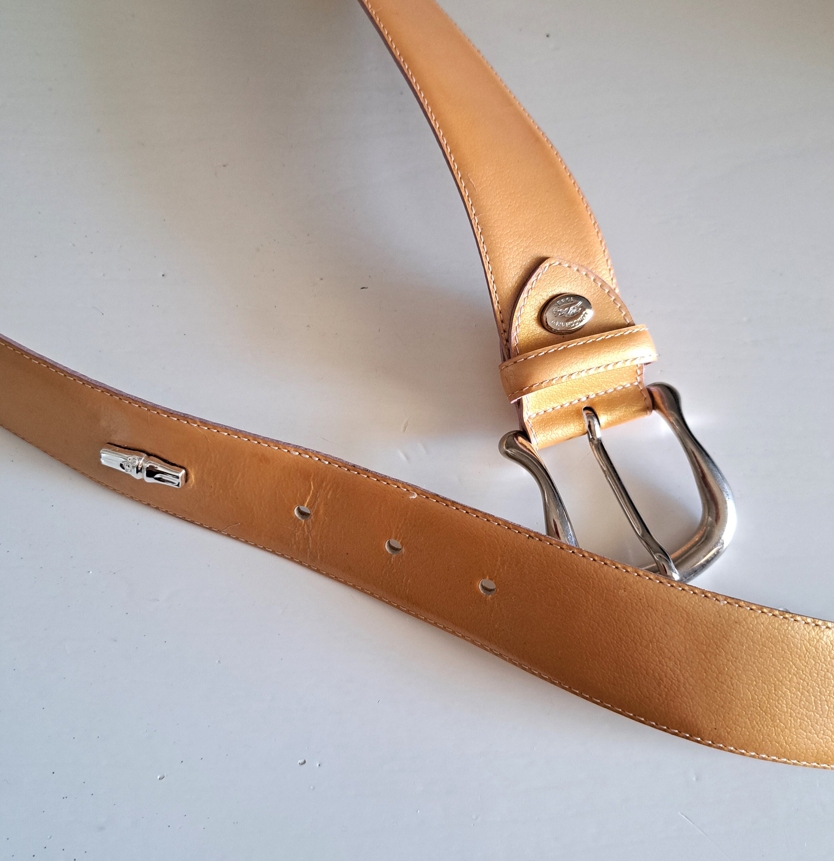 Longchamp Beige Leather Belt With Silver Monogram Buckle (91  display picture 1