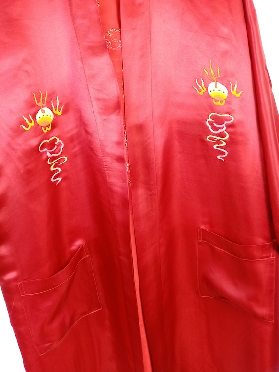 Vintage Golden Dragon Chinese Red Silk Robe,  Han… - image 5