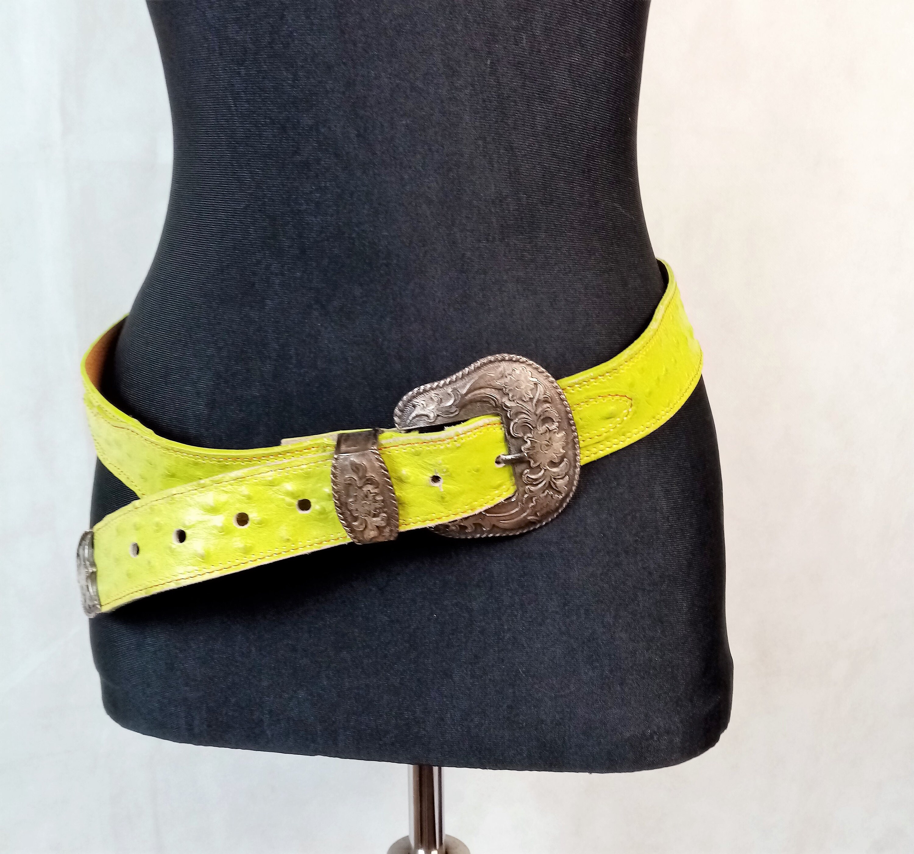 Topfer Women's Lime Green Ostrich Belt with Silver Tone Etsy