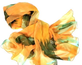 Vintage Large Chiffon Silk Scarf, Orange Green Abstract Birds Shawl, Huge Chiffon Silk Scarf