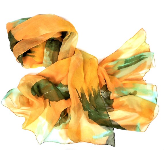 Vintage Chiffon Silk Scarf: Orange Green Abstract Bird Shawl  display picture 3