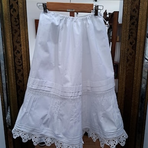 1900s Antique Linen Petticoat White Hand Crochet Lace Trim  Edwardian Victorian Underskirt