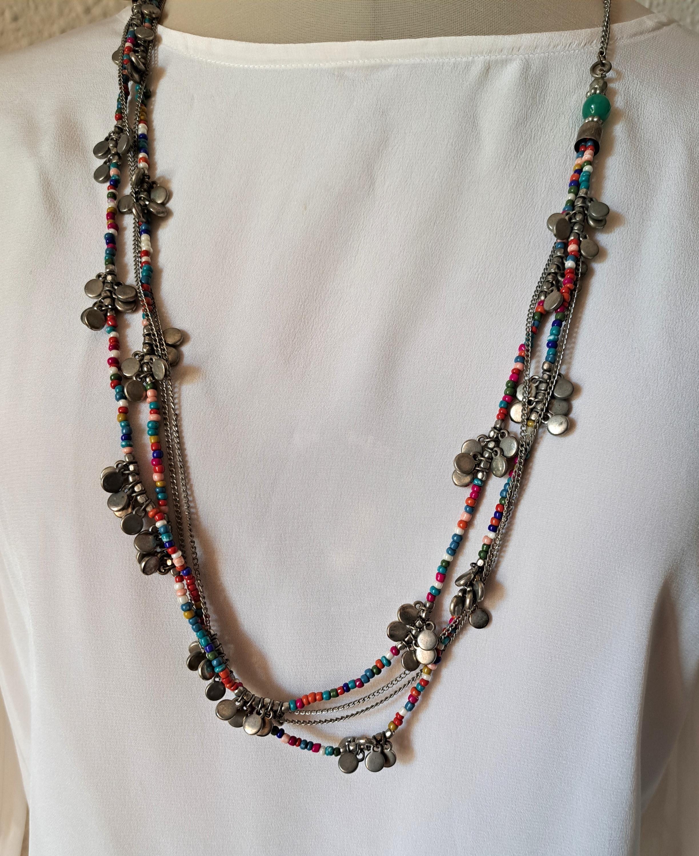 Collier Multi-rangs Vintage Années 70 - Fils Tressés Verts Et Pendentifs Cœurs En Alliage
