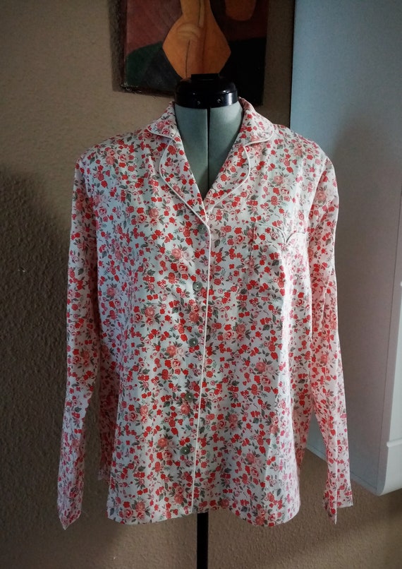 Vintage 90s Laura Ashley Pajama Shirt, Cotton Red Pink Floral