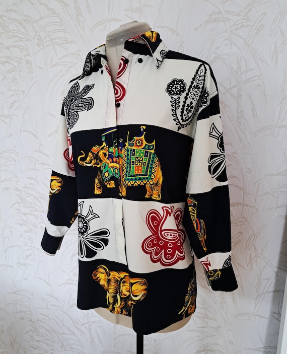 Versace Jeans Couture, Vintage 90s Versace Jeans Couture Shirt: Elephant Floral Print, Size XS