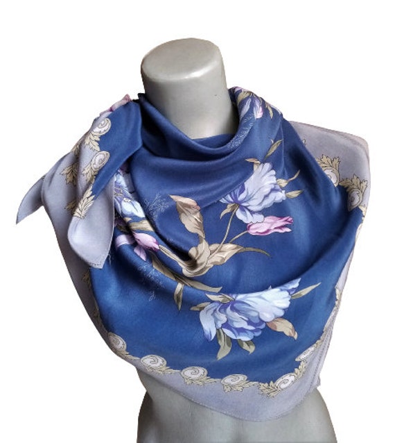 Floral Silk Scarf, Blue Head Scarf with Flowers, … - image 1