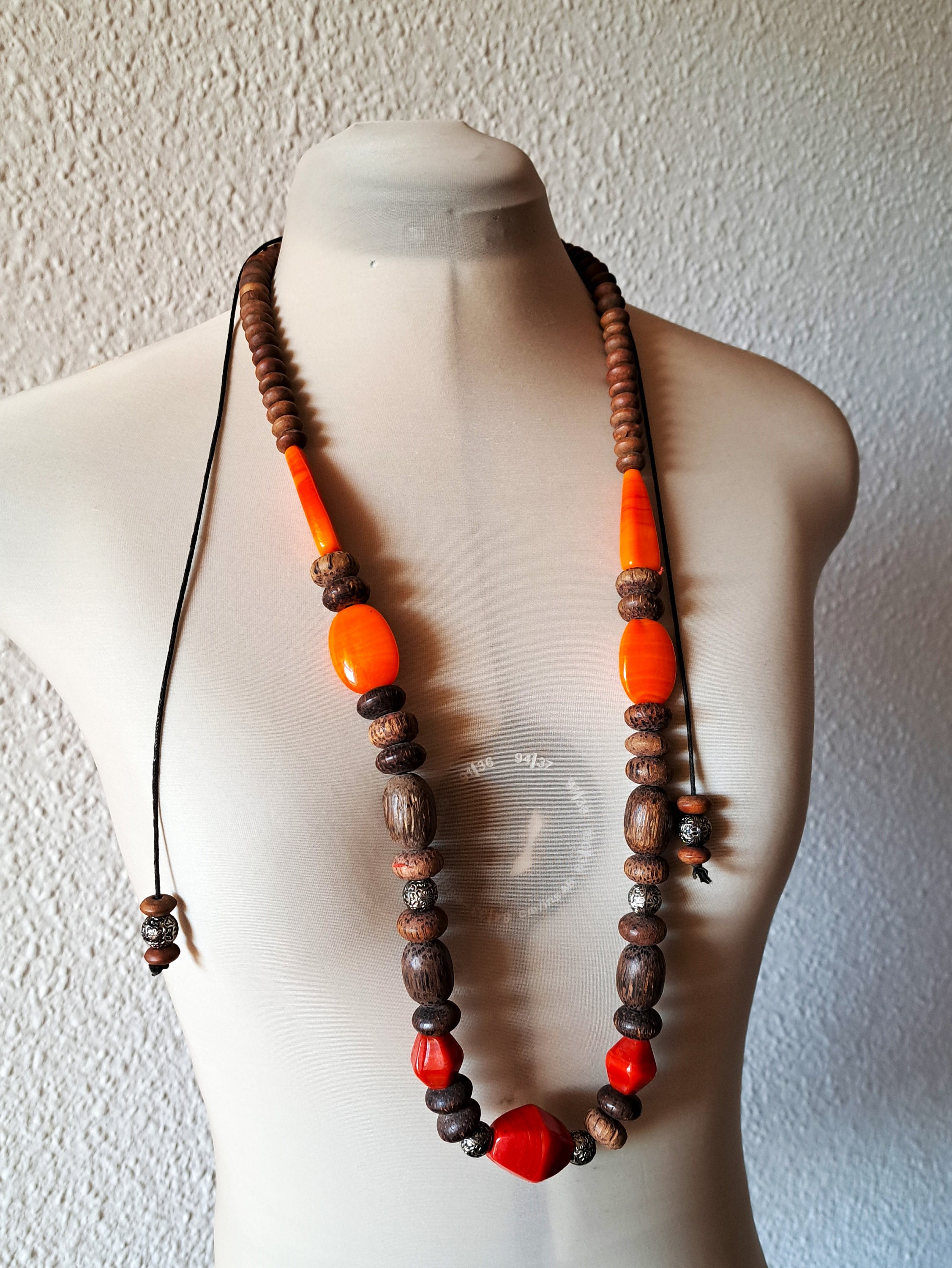Vintage Large Stone and Wood Bead Necklace - Etsy