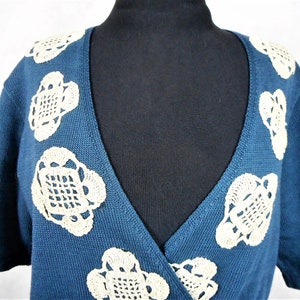 Vintage Decorative Appliqué Cardigan Peruvian Connection Wrap Cardigan Green 100% Pima Cotton Large image 3