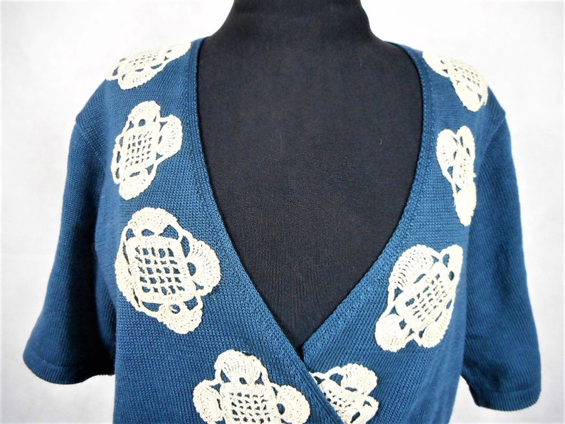 Vintage Decorative Appliqué Cardigan Peruvian Connection Wrap Cardigan Green 100% Pima Cotton Large image 3