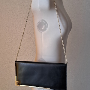 Vintage 80s Leather Small Bag, J. Sanchis Canet Valencia Handbag, Black Shoulder Clutch Bag with Chain Strap
