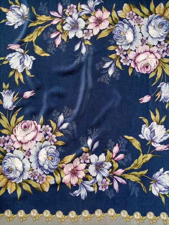 Floral Silk Scarf, Blue Head Scarf with Flowers, … - image 3
