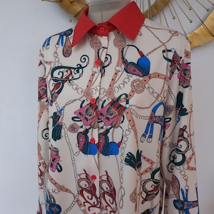 Vintage 80s Women&#39;s Baroque Equestrian Print Shirt, Cream/Red Long Sleeve Button Down Blouse, Large