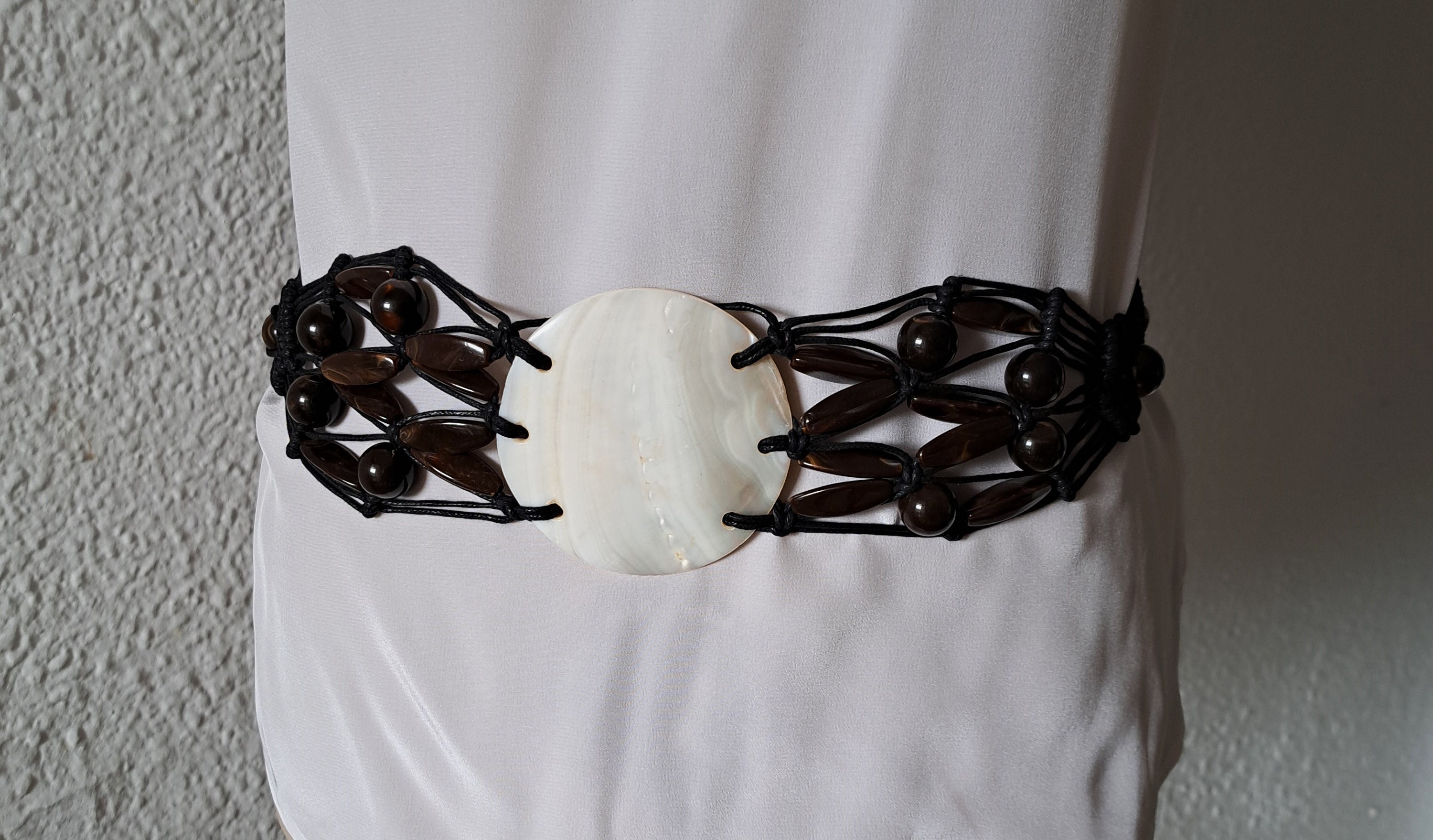 Vintage Hand Made Hipster Belt  With Mother of Pearl Shell Accent and Black Cord Vintage Mother of Pearl Shell Belt: Black Corded Boho Tie  main image 3