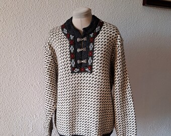 Vintage Bergens Noruega suéter de lana gris blanco, grande