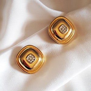Vintage 80s Earrings David Grau Gold Plated Clear Rhinestone Square Clip On Earrings