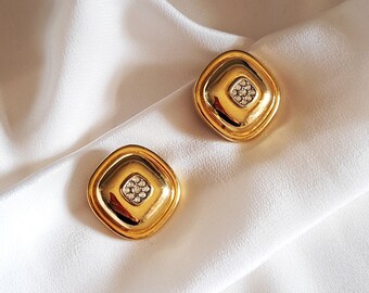 Vintage 80s Earrings David Grau Gold Plated Clear Rhinestone Square Clip On Earrings