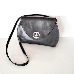 Vintage 1980s Handbag Zenith Italy, Navy Blue Shoulder Bag, Textured Genuine Leather, Silver Tone Metal Logo