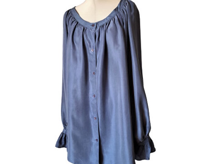Silk Patchwork Oversized Shirt Blue Vintage For Summer, Flowy Comfort, One Size Fits All main image 1