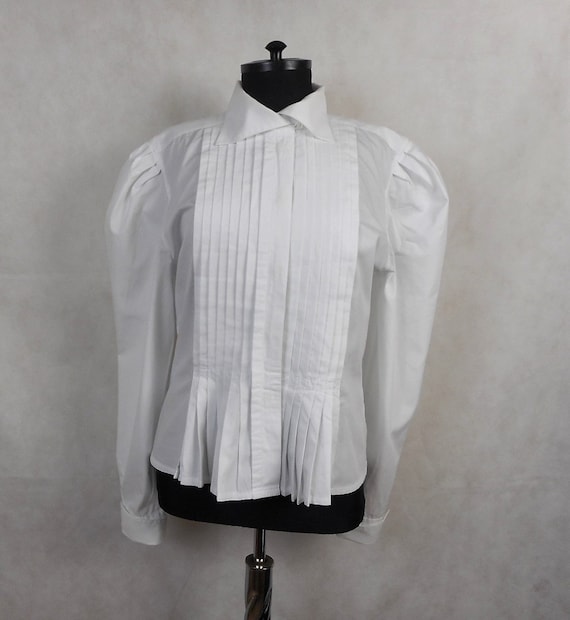 Vintage White Women's Pleated Puff Sleeve Cotton S
