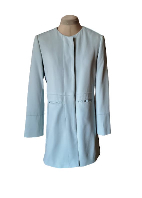 Vintage Strenesse Coat Light Blue Collarless Coat With Pockets Women s Elegant Long Jacket Etsy Ireland