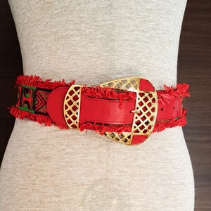 Vintage Women's Boho Red Leather Belt with Embroidered and Fringe, Gold Buckle – Tribal Ethnic Waist Belt, 63 to 71 cm waist
