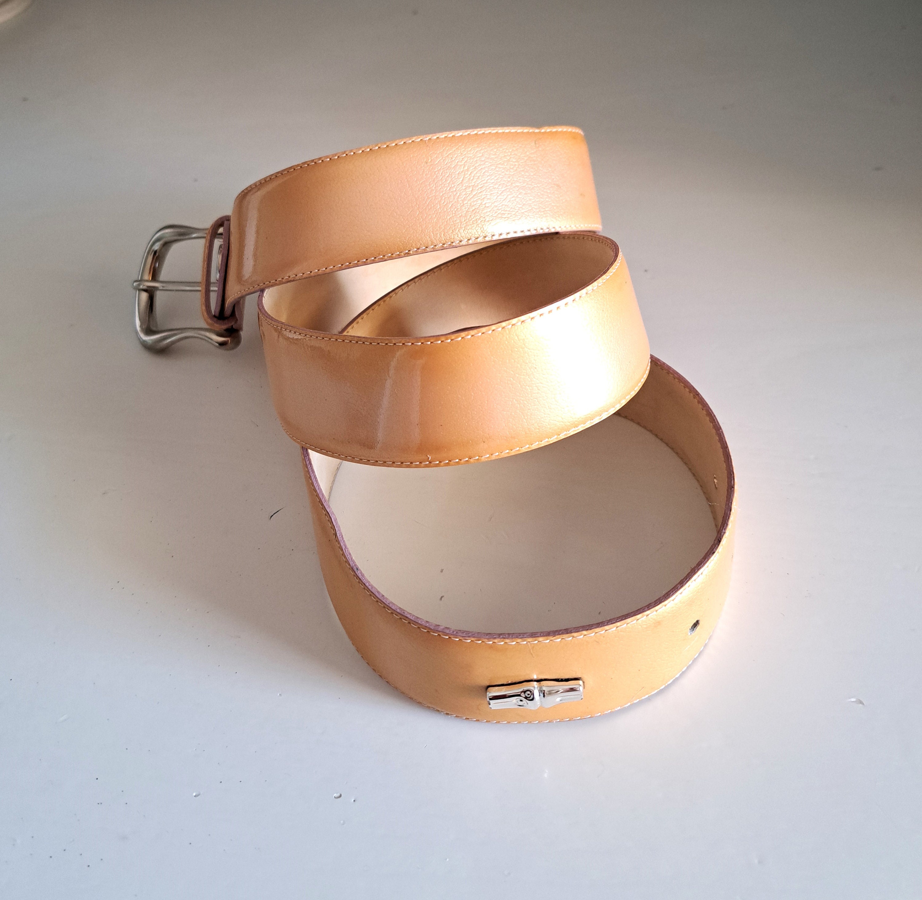 Longchamp Beige Leather Belt With Silver Monogram Buckle (91 
