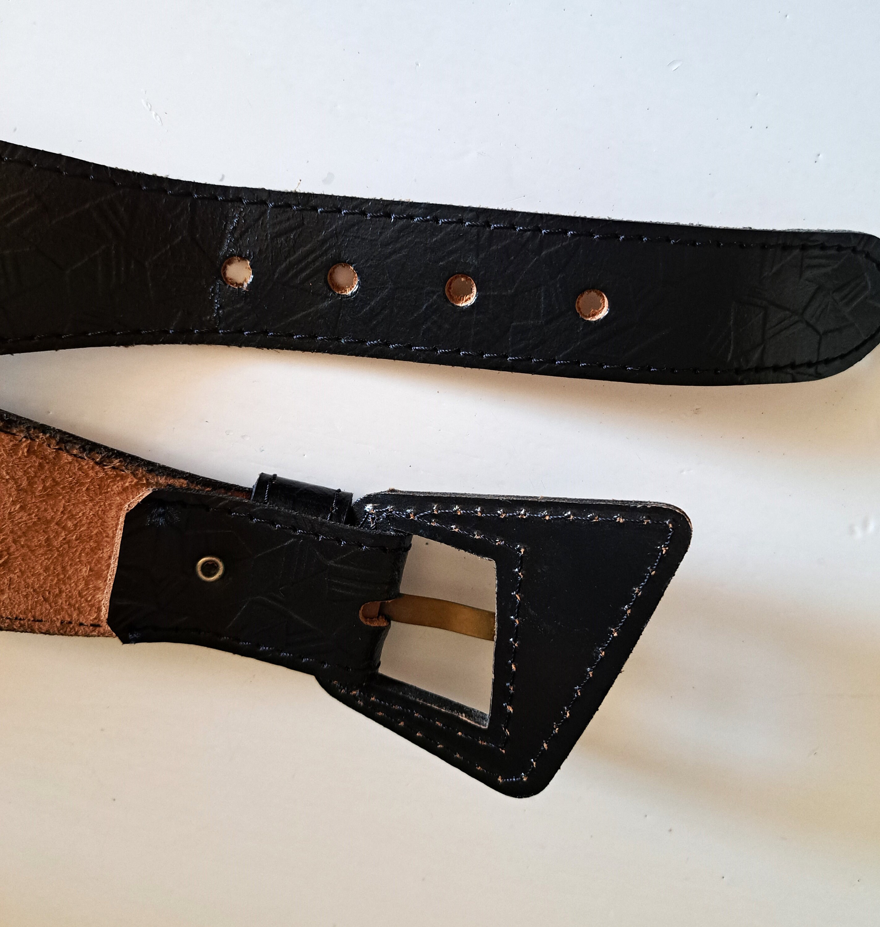 SALE???Vintage MCM Black Belt with Gold Buckle size XS Vintage MCM Black Leather Belt Gold Tone Metal Plates/ 78 to  main image 2